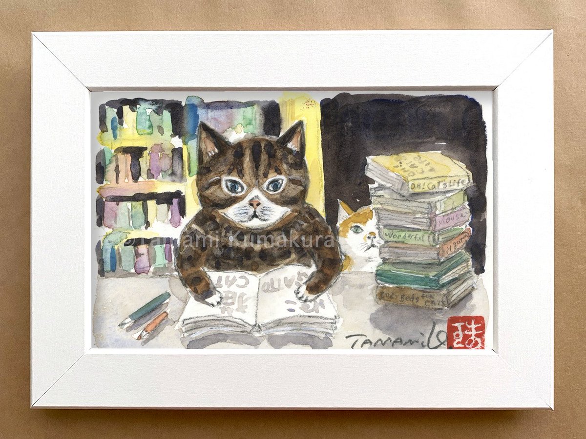 原画 猫 おめかし #183 スカジャンを着た猫2025 枝垂れ梅と白黒猫 2025秋 読書猫 三つにポスト
