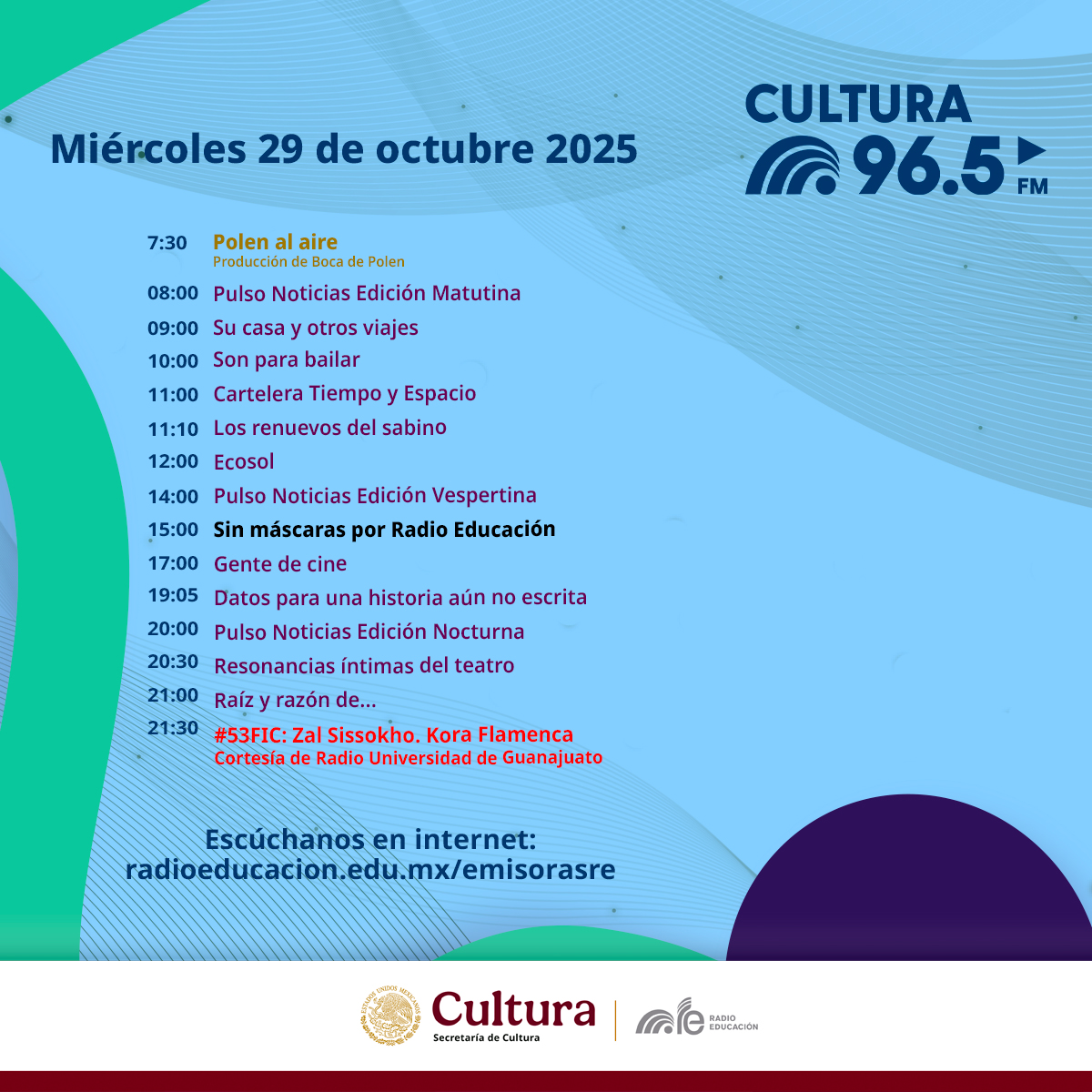 RadioEducacion's tweet image. Este #Miércoles ✨ sintoniza la programación de la Radio de las culturas de México 🎙

Escucha #PolenAlAire 🐝 #Ecosol ☀️ #SinMáscaras 📹 #GenteDeCine 🎬 Raíz y razón de ... 🍂 y mucho más

📻 96.5 FM #CDMX
🖥️ radioeducacion.edu.mx/emisorasre