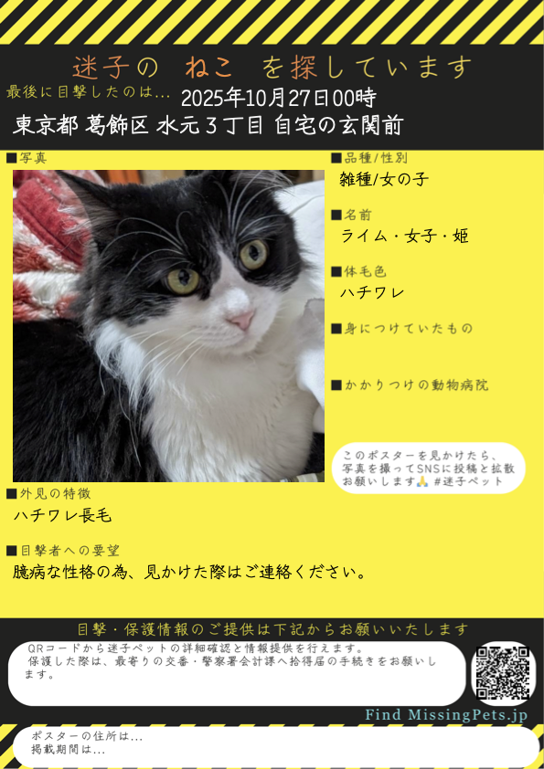 nekonare_sub's tweet photo. 📢拡散希望
東京都葛飾区 で ねこ が迷子です

名前はライム・女子・姫
雑種の女の子

[詳細]
⬇️目撃・保護等の情報をお届けください🙏
https://t.co/tpTX0VlbOE

[検索ワード]
#迷い猫 #猫好きさんと繋がりたい
FindMissingPets 🐈 迷子猫 迷子ペット 探しています https://t.co/LxcKV3oH7Y