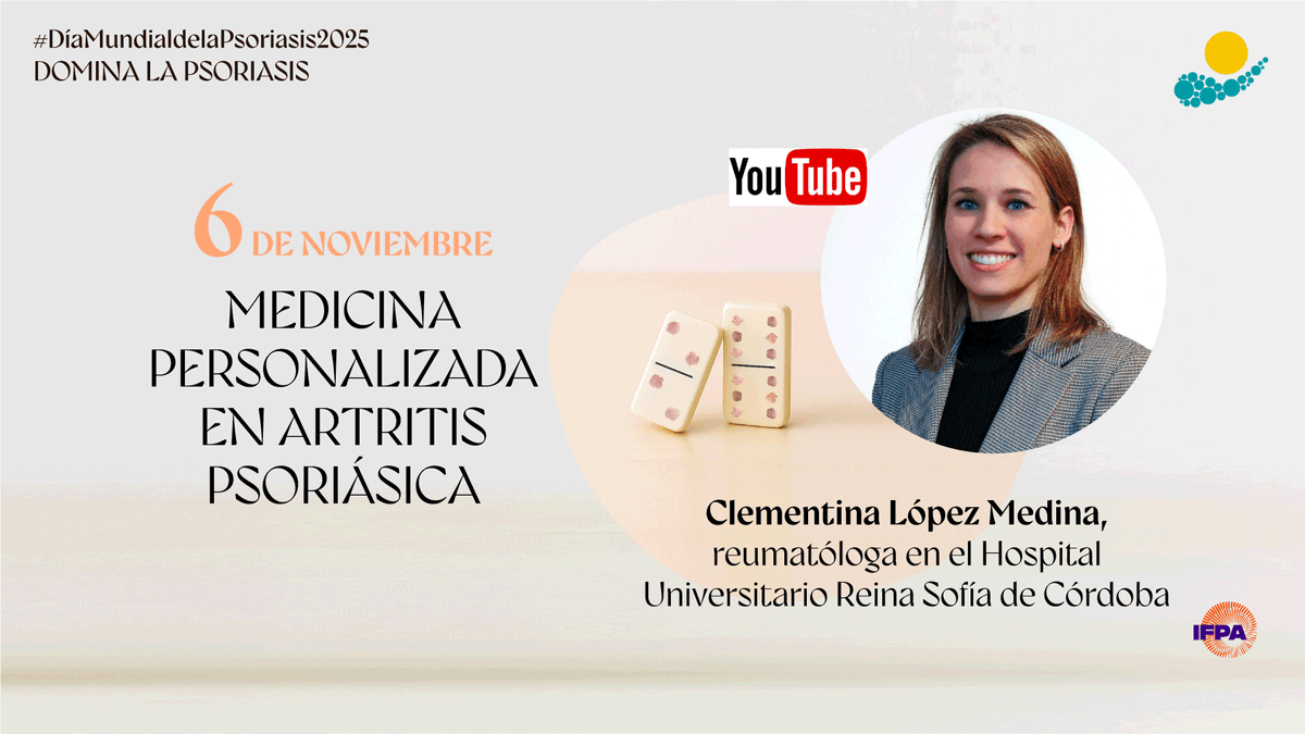 accionpsoriasis's tweet photo. 🔴 "Medicina personalizada en #ArtritisPsoriásica"

Entrevistamos a Clementina López Medina,  reumatóloga en el Hospital Universitario Reina Sofía de Córdoba.

⏰ Hoy 6 de noviembre a las 18h

Puedes verlo en ▶️ https://t.co/7FYl4x112u #DominalaPsoriasis #DíaMundialPsoriasis2025 https://t.co/moN6IGIyQp