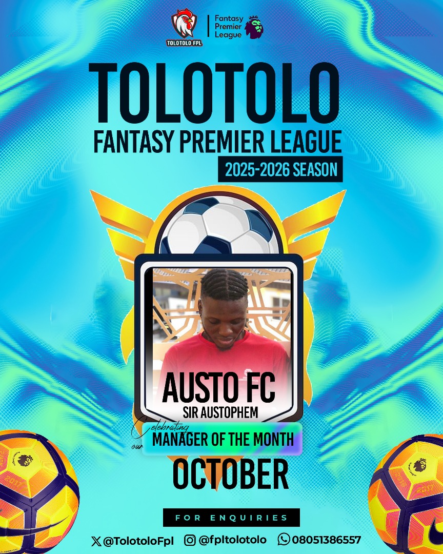 🚨🏆 Our Tolotolo Manager of the Month for October!
First manager to win it twice this season 
Big congrats to <a href="/iamaustophem/">ToYourFace💡</a> for outsmarting other managers in the league this month. Top transfers, bold captain picks, wild differentials=pure class 👏⚽🫡. DM for your MOTM prize 💰