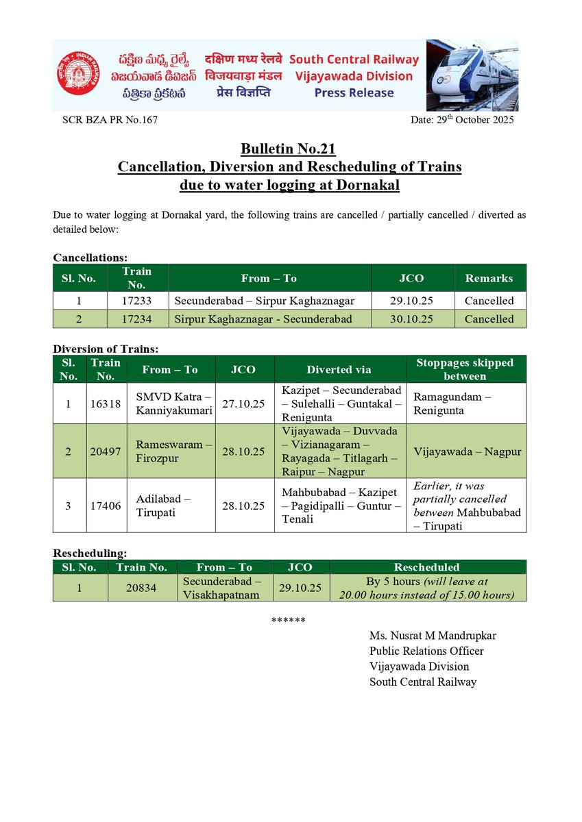 drmvijayawada's tweet photo. Bulletin No.21 Cancellation, Partial Cancellation, Diversion and Rescheduling of Trains due to Water Logging at Dornakal
@SCRailwayIndia
@RailMinIndia

#CyclonePreparedness #SCRUpdates #VijayawadaDivision #CycloneMontha #IndianRailways #SafetyFirst #TrainCancellations #PassengerSafety