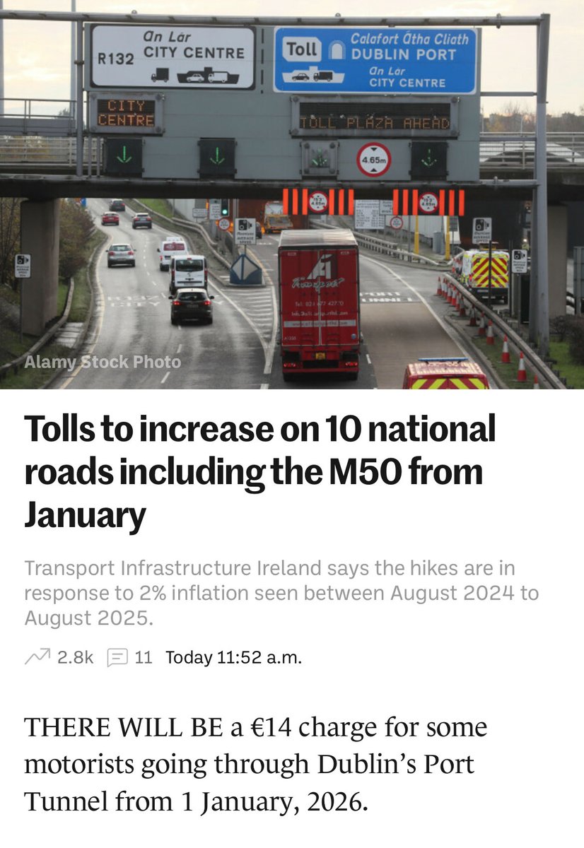Shur why not, everything else is going up so why break the trend. 

Close to €2 billion collected since 2020. 

Motorists paying through the nose while bus and rail fares drop, cycle paths built where they are needed nor used.