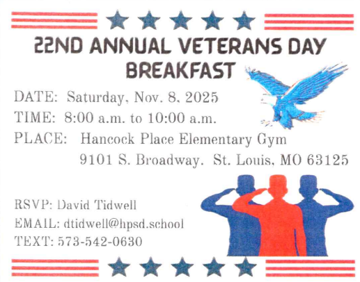 hphstigers's tweet photo. Attn: Veterans and Active military: Join us for the 22nd Annual Veterans Day Breakfast on Sat. Nov. 8 at 8:00am @ the Elementary School Gymnasium. RSVP David Tidwell @dtidwell@hpsd.school or 314-544-1300 x 53100 #hpsdtigers #hphstigers https://t.co/edTigfbzz9