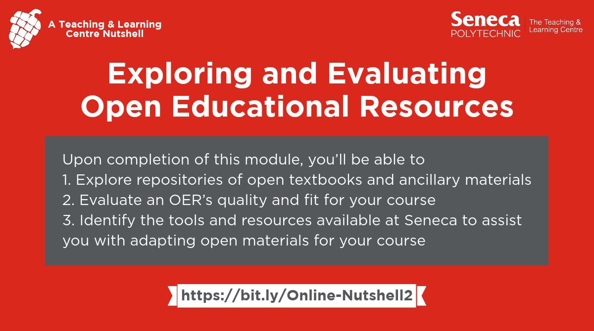 Seneca_TandL's tweet image. Our Exploring and Evaluating Open Educational Resources #TLCnutshell offers tips for searching and highlights curated resources that may be useful to you as you explore the world of OERs. There are also suggestions for evaluating the resources you find. bit.ly/Online-Nutshel…