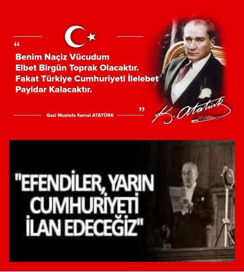 𝟐𝟗 𝐄𝐊𝐈𝐌 𝐂𝐔𝐌𝐇𝐔𝐑𝐈𝐘𝐄𝐓 𝐁𝐀𝐘𝐑𝐀𝐌𝐈 𝐊𝐔𝐓𝐋𝐔 𝐎𝐋𝐒𝐔𝐍 
Türkiye Cumhuriyetinin Kuruluşunun 102. ci yılında kurucu başbuğ Gazi Mustafa Kemal Atatürk ve silah arkadaşları olmak üzere tüm şehitlerimizi rahmet ve dualarla anıyorum. Ruhları şad mekanları cennet olsun.