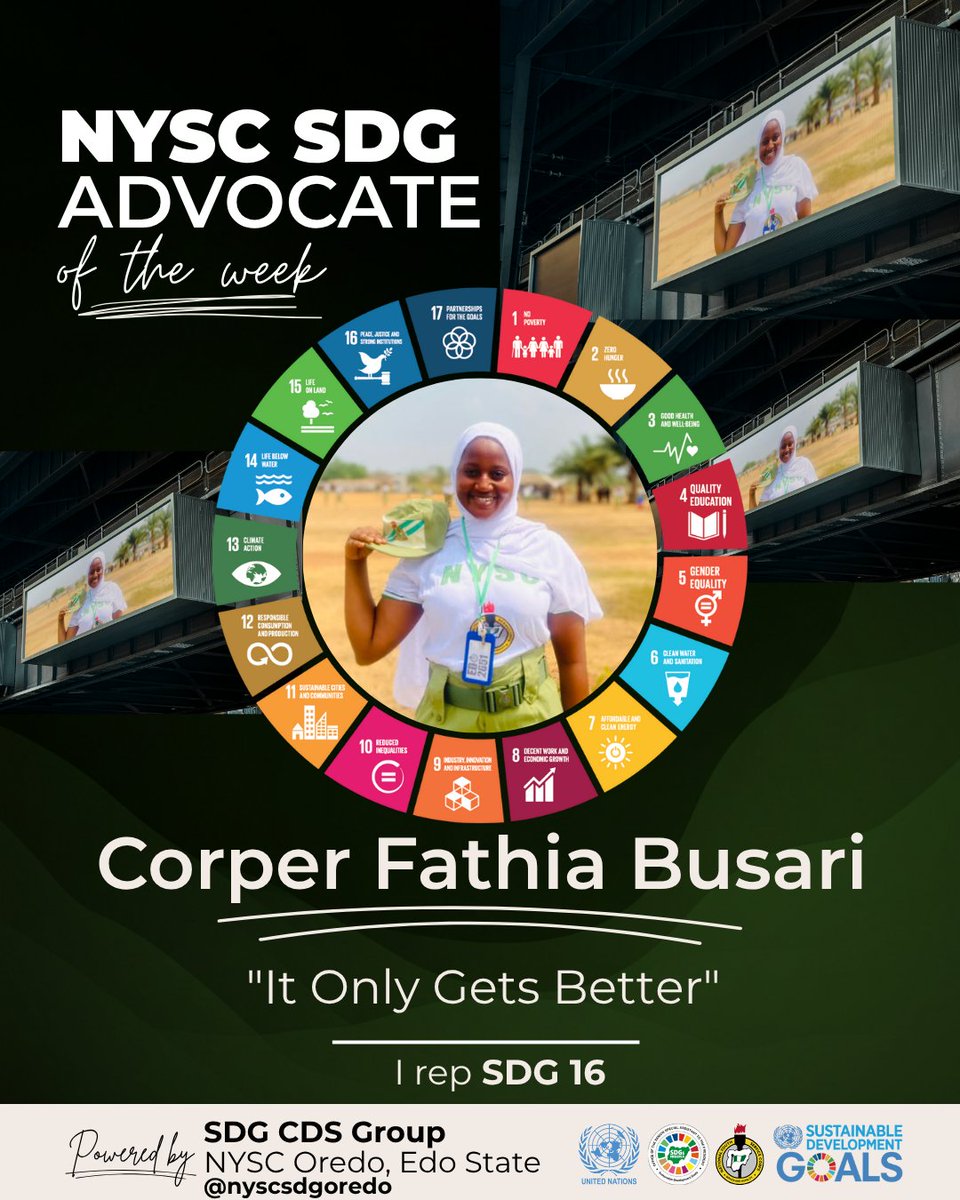 nyscsdgoredo's tweet photo. Meet our outstanding advocate for the week, Fathia.
Such hardwork, outspokenness, energy and tenacity embodied in one facilitating the global goals.
#SDG #impactmakers https://t.co/w3dN0fuWnX