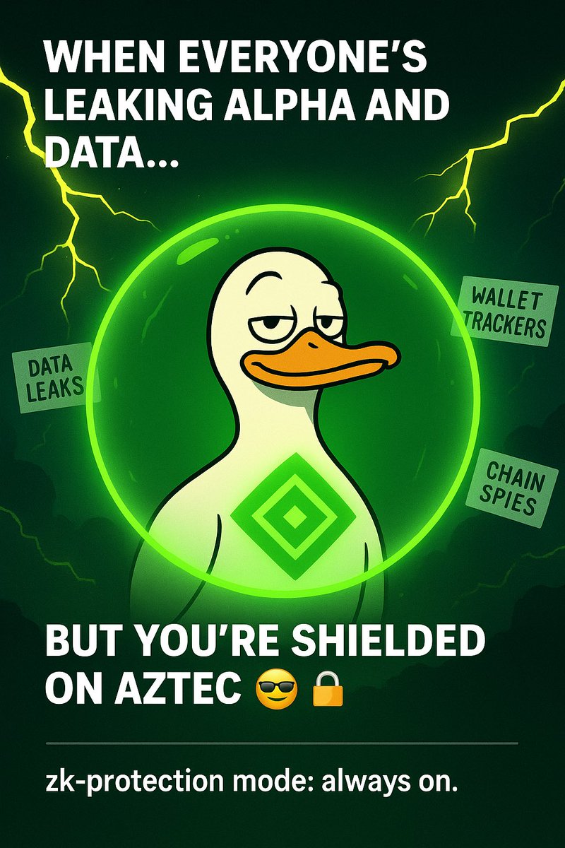 pdr0p3's tweet image. 🦆 Day 23 Of Aztec Privacy Meme
“When You Realize Aztec Doesn’t Just Hide… It Protects.

“When everyone’s leaking alpha and data…”

“But you’re shielded on Aztec 😎🔒”

zk-protection mode: always on.
@aztecnetwork @realRoberto38 @mrahsok @marcedi2024 @Sun_dooodles_
