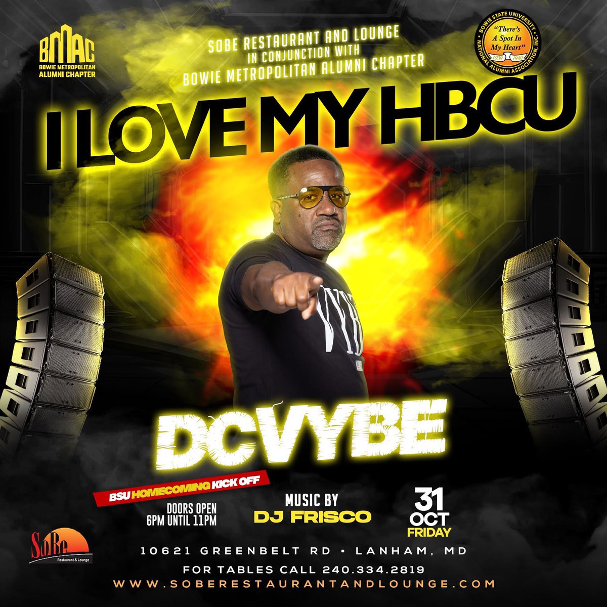 Homecoming season hits different when it’s Bowie State 💛🖤 DCVYBE + DJ FRISCO bring that HBCU fire to SOBE this Friday! 🎶 6PM | 9PM | Lanham 🎟️ soberestaurantandlounge.com