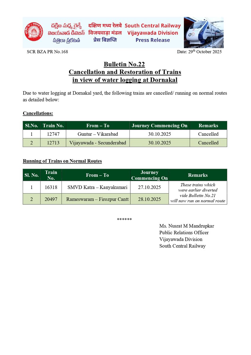 drmvijayawada's tweet photo. Bulletin No.22 Cancellation of trains due to Water Logging at Dornakal and Restoration of Trains on normal routes 
@SCRailwayIndia
@RailMinIndia

#CyclonePreparedness #SCRUpdates #VijayawadaDivision #CycloneMontha #IndianRailways #SafetyFirst #TrainCancellations #PassengerSafety https://t.co/xLWQkCXwwp