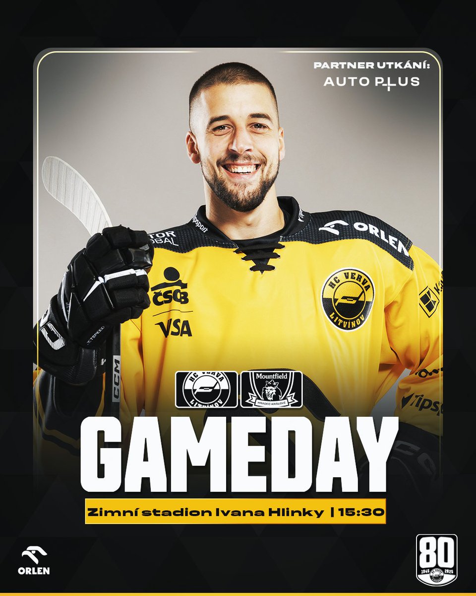 hcverva's tweet photo. 🟡 GAMEDAY ⚫️
Dnes se na domácí půdě utkáme se s Hradcem Králové. Tak přijďte, začínáme v půl čtvrté! 💥

🎟️ Vstupenky jsou k dispozici online na https://t.co/M458zHMbML nebo od 13:30 na pokladnách zimního stadionu. https://t.co/rIQo27R46v