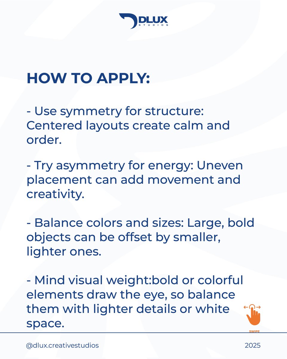 dluxcreative_'s tweet photo. Balance makes your design feel right.
Use symmetry for calm, asymmetry for energy, and balance bold colors with white space.
When your design feels stable, your message stands strong. ⚖️
#DLUXStudios #DesignTips #GraphicDesign https://t.co/Us4M5s0tsm