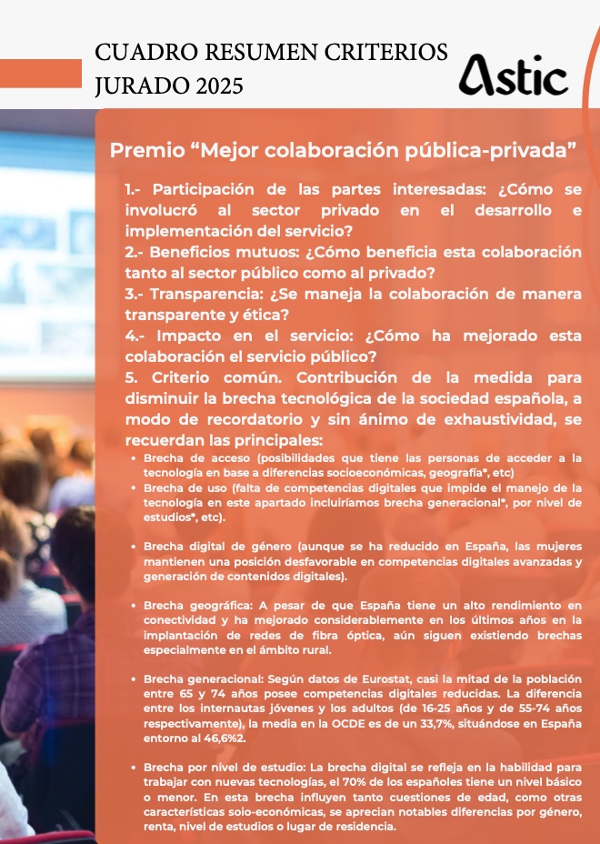 ¡La colaboración entre sectores es clave! 
Para el "Premio Mejor Colaboración Pública-Privada 2025", buscamos proyectos que destaquen por su #Impacto y #Transparencia y contribuyan a reducir la #BrechaTecnológica nacional.

Envía tu documentación a: secretaria@astic.es