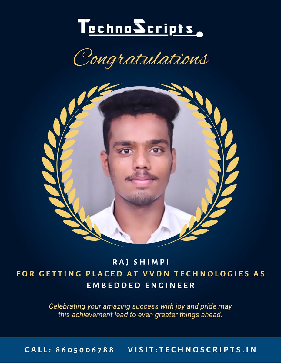 TechnoScript's tweet image. Congratulations Raj Shimpi for getting placed as Embedded Engineer at VVDN technologies.
Celebrating your amazing success with joy and pride may this achievement lead to even greater things ahead.
