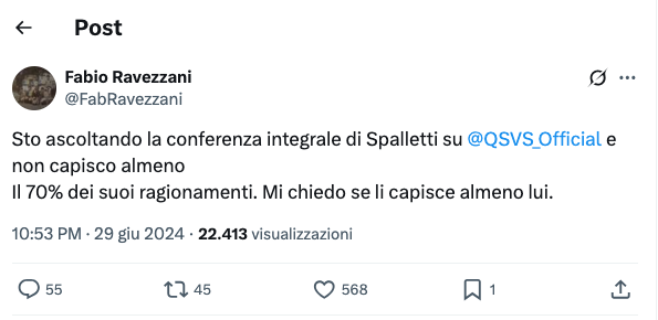 Mauriacca's tweet image. Il giornalismo in Italia signori! Quando #Spalletti era ct dell'#Italia o allenava #Napoli o #Inter il signor @FabRavezzani (che seguo con simpatia) non si faceva problemi a criticarlo o addirittura a definirlo incompetente chiedendo le dimissioni. Oggi è il più vincente! Mistero