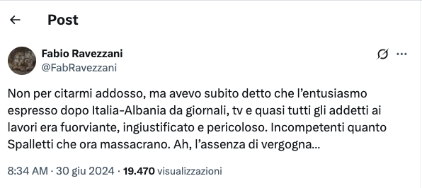 Mauriacca's tweet image. Il giornalismo in Italia signori! Quando #Spalletti era ct dell'#Italia o allenava #Napoli o #Inter il signor @FabRavezzani (che seguo con simpatia) non si faceva problemi a criticarlo o addirittura a definirlo incompetente chiedendo le dimissioni. Oggi è il più vincente! Mistero