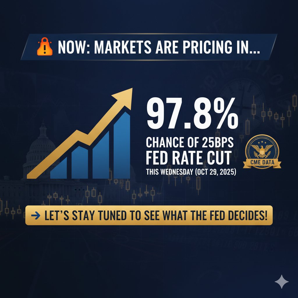 pione_chain's tweet photo. 🚨 NOW: Markets are pricing in a 97.8% chance of a 25bps Fed rate cut this Wednesday (Oct 29, 2025), according to CME data.
👉 Let’s stay tuned to see what the Fed decides!

#Pionechain #FED
#RealWorldAsset #RWA
#tokenization https://t.co/XtnseR5owo