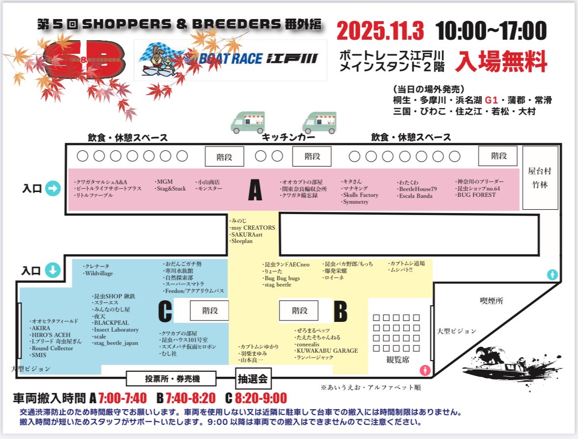 lbjkhomac's tweet image. 【SB番外編 ボートレース江戸川 】
11月3日(祝) 10:00-17:00入場無料

🔻ブースMAP
10/25-10/30まで江戸川開催中、波が高くなりレースが中止された際の代替開催が11/1.2に組まれる可能性があったため発表を控えてました。…