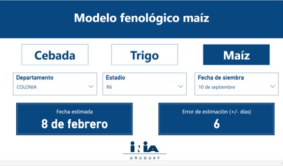 El Modelo Fenológico, permite calcular la 
🚩fecha de floración, 
🚩según localidad, 
🚩época de emergencia y 
🚩variedad elegida, para 
trigo, cebada y maíz. 

La aplicación funciona en ambiente web a través de un visualizador PowerBi.