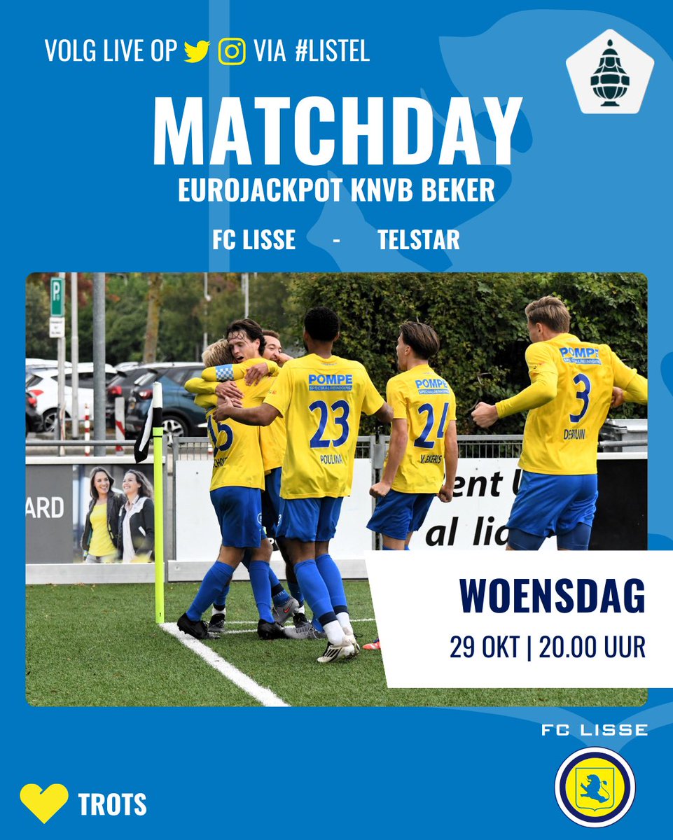 🏆 MATCHDAY 🏆 BEKERVIBES 🏆 EUROJACKPOT KNVB BEKER 🏆 |

🏆 WOENSDAG ⚔️ BEKER STUNTDAG 🏆

Vanavond is het eindelijk zover. De Geelblauwe Leeuwen van FC Lisse ⚔️ de Witte Leeuwen van Telstar. 

Passie, Strijd en Beleving op een uitverkocht Ter Specke! 90’ minuten lang! 🟡💪🏻🔵