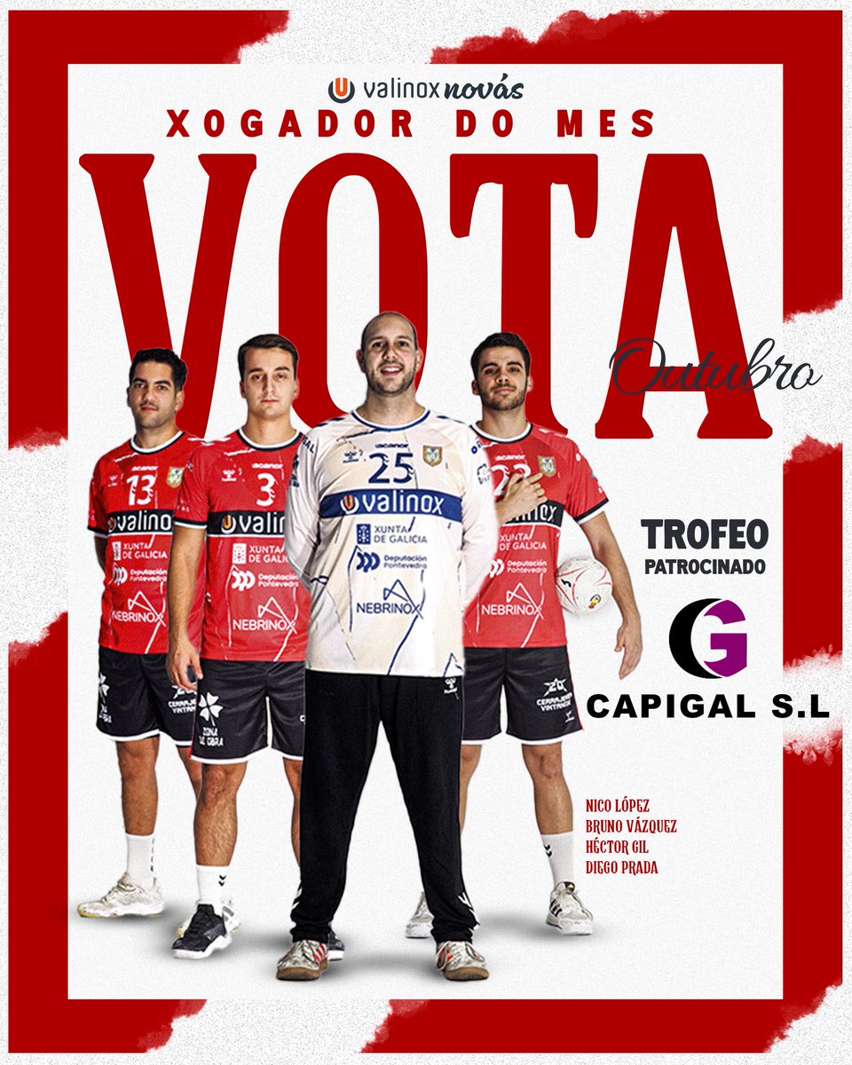 🏅 Xa está aberta a votación ao Xogador do Mes Capigal S.L.!

Entra no noso Instagram <a href="/atleticonovas/">Valinox Novás</a> e vota polo teu favorito 🤾‍♂️

Tes 3 días para deixar o teu voto 💪🏼