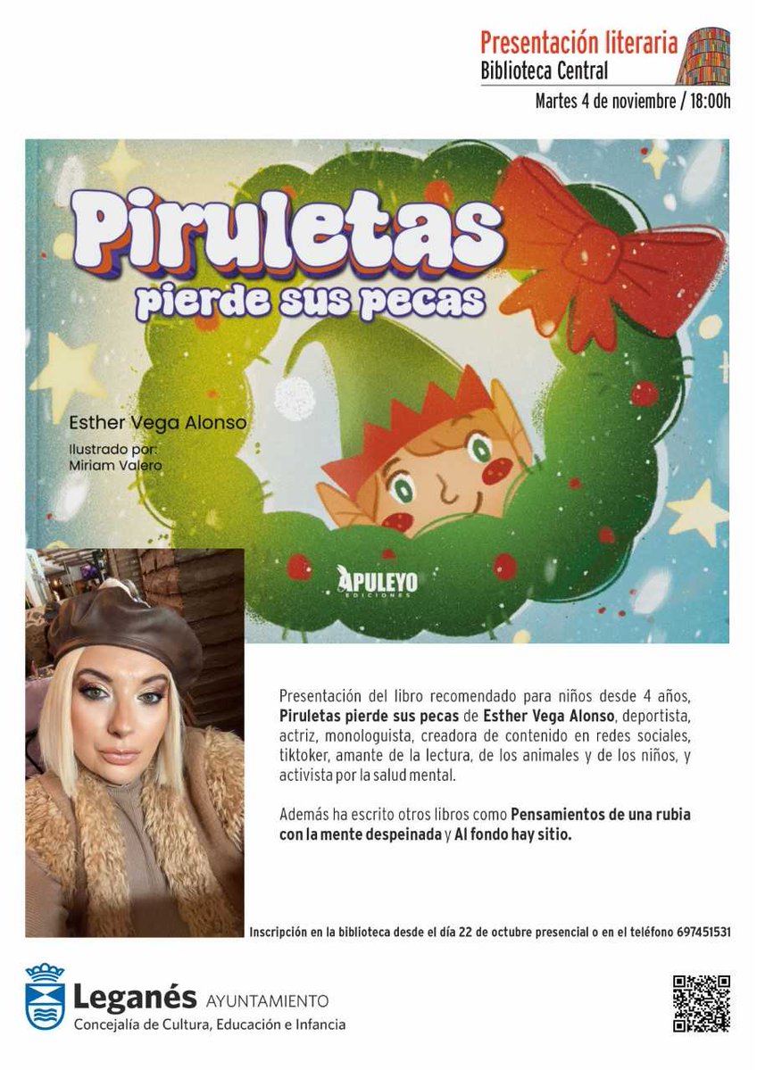 📚 ¡Planazo familiar!
Cuentacuentos + taller + firma con Esther Vega Alonso y su precioso cuento “Piruletas pierde sus pecas”.
📍Biblioteca Central 
🗓️4 de noviembre 🕕18:00
🎟️Entrada libre hasta completar aforo
Para niños desde 4 años