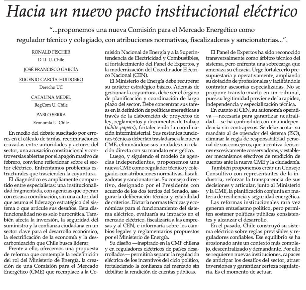cmedellu's tweet photo. Hoy publicamos esta columna en el Mercurio, porque creemos necesario  un nuevo pacto institucional en el sector eléctrico. https://t.co/LYxftM6SYa