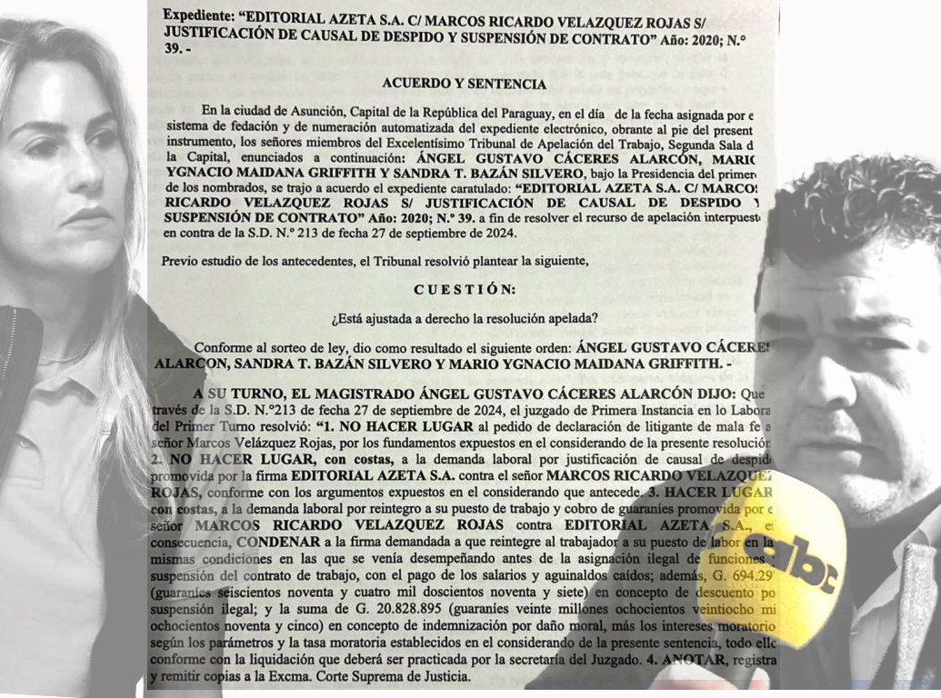 🔴TRIBUNAL DE APELACIONES CONFIRMA CONDENA A ABC COLOR Y AHORA DEBE REPONER A PERIODISTA DESPEDIDO Y PAGARLE CIENTOS DE MILLONES
#4toJudiciales  Vía <a href="/expressnewsPy/">expressnews</a> 

◾️El Tribunal de Apelación del Trabajo, Segunda Sala, integrado por los camaristas Mario Ygnacio Maidana Griffith,