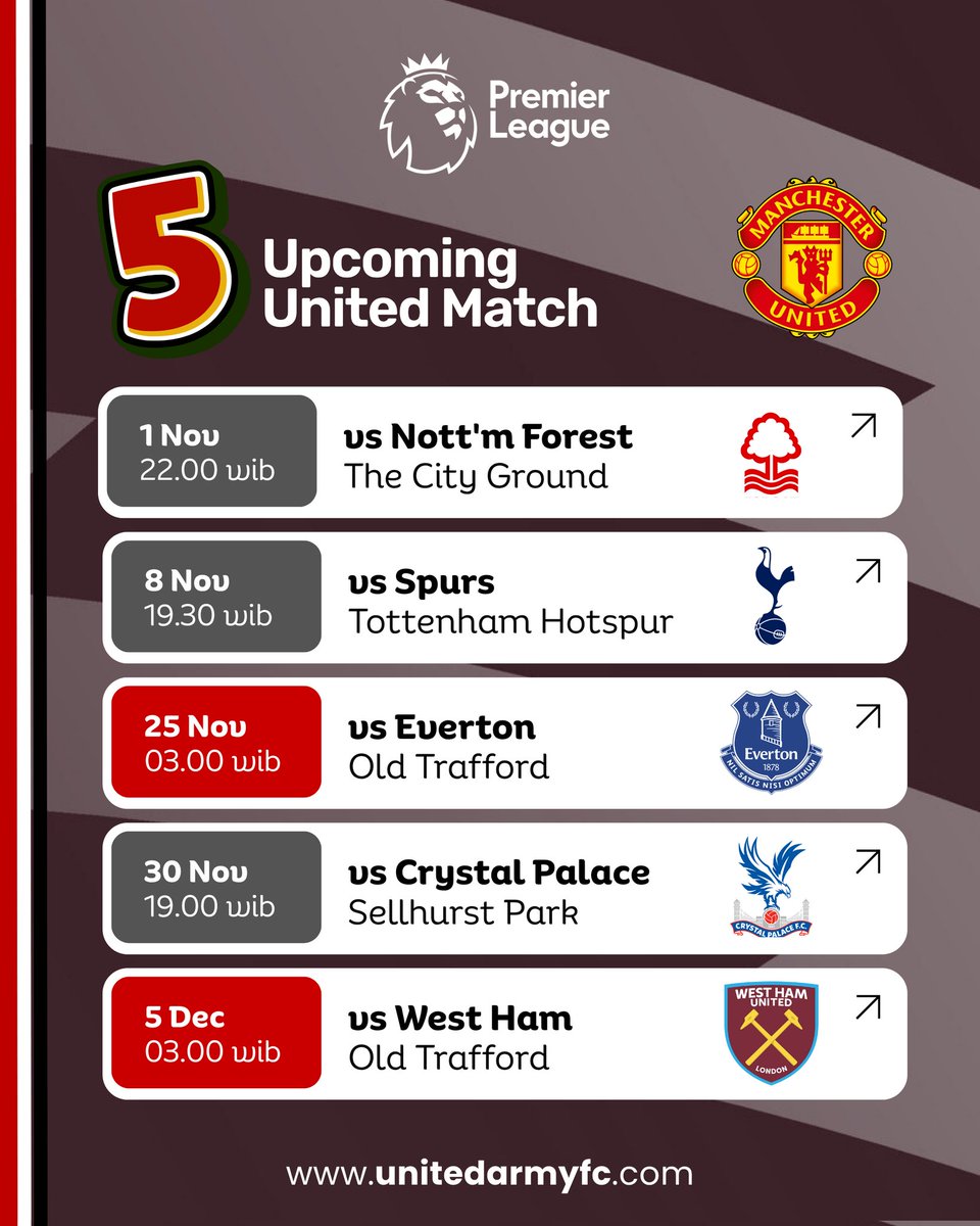 Lupakan euforia Oktober, saatnya fokus ke bulan yang padat tantangan! 🔥

Lima laga penting menanti Setan Merah di bulan November — Desember dari The City Ground hingga Old Trafford.
Setiap pertandingan berarti, setiap poin berharga.

🔴 Let’s fight together, Reds!

#UnitedArmy