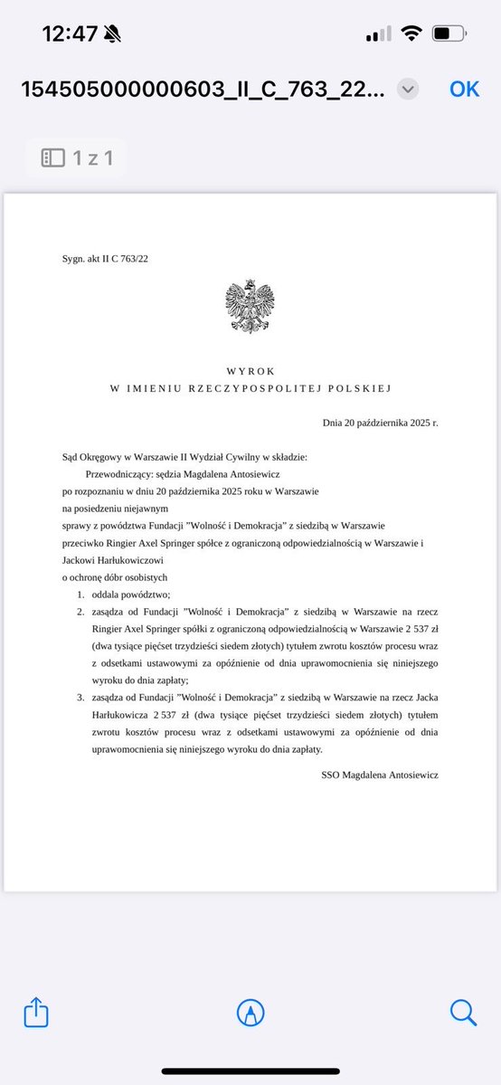 Taka miła informacja: sąd oddalił powództwo założonej przez Michała Dworczyka fundacji „Wolność i Demokracja” przeciwko mnie i mojemu pracodawcy 🤷‍♂️ Prawda zawsze się obroni