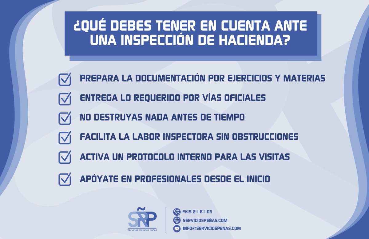 🟦 | TE INTERESA |

🧐 CÓMO AFRONTAR UNA INSPECCIÓN DE HACIENDA SIN PERDER EL CONTROL: GUÍA PRÁCTICA PARA EMPRESAS

🗣 En SRP te contamos qué esperar, cómo prepararte y qué derechos y obligaciones te asisten. 

ℹ Si quieres saber más entra en: serviciospeñas.com/2025/10/29/com…

#Hacienda