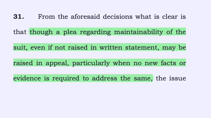 CiteCase's tweet image. #Supreme Court holds that even if a plea regarding maintainability of the suit was not raised in written statement, it can be raised in appeal, particularly when no new facts or evidence is required to address the same.