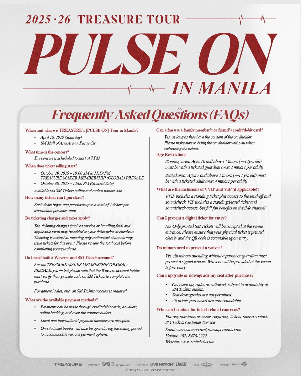ImePhilippines's tweet image. 💎✨ 2025-26 TREASURE TOUR [PULSE ON] IN MANILA — FAQ GUIDE! ✨💎

Got questions before ticketing day, TEUMEs? We’ve got you covered! 🙌💙

From membership presale to general sales, seating, and ticketing reminders — everything you need to know is right here. 🧭💫

Stay calm,…