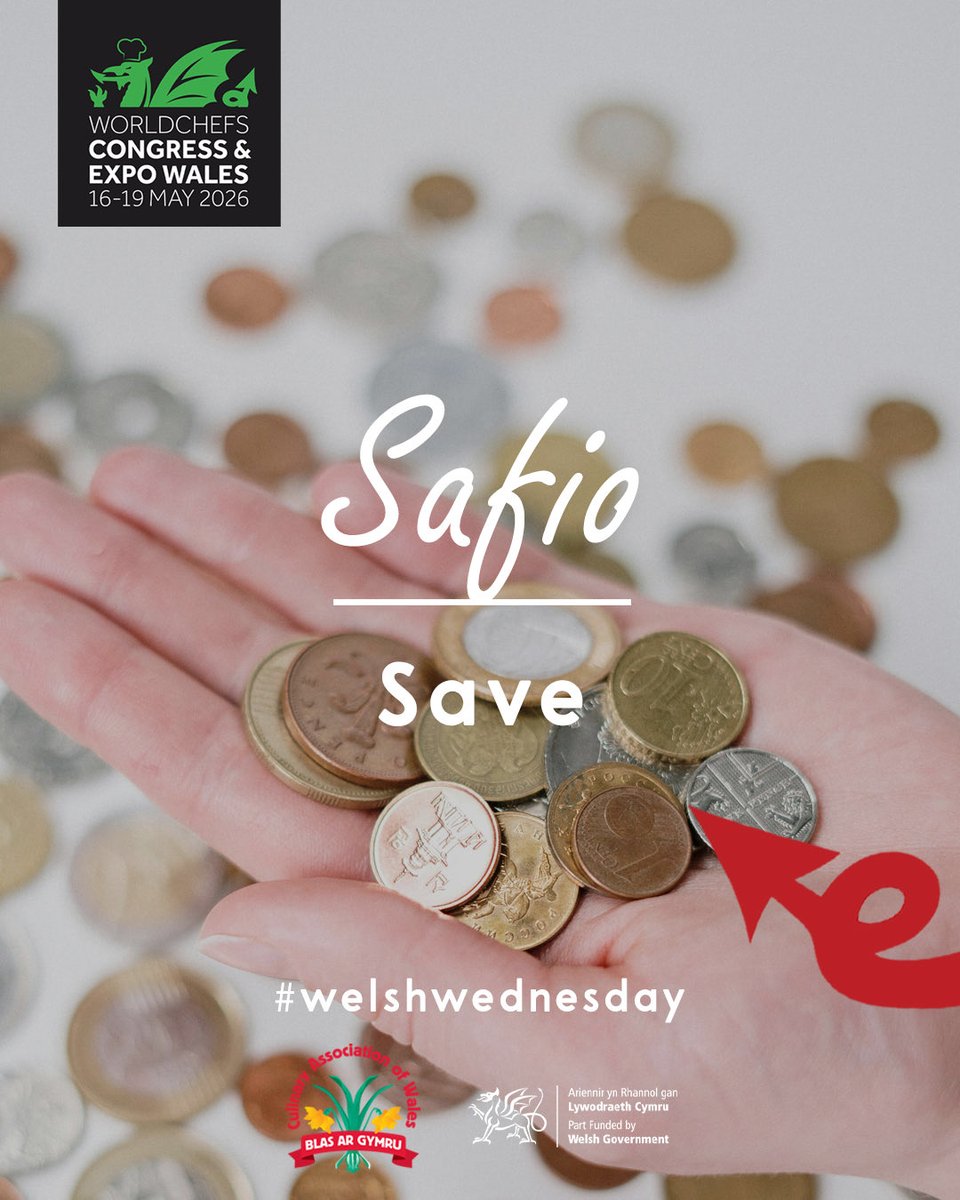 💰Safio – Save
This week’s Welsh word is “Safio” to Save 💷

And there’s no better time to safio than now!

🎟️ Save £200 on your Early Bird tickets for #Worldchefs2026 offer ends Oct 31!
👉 worldchefscongress.org/register
.
#WelshWednesday #Cymraeg #SaveMoney #Safio #Wales