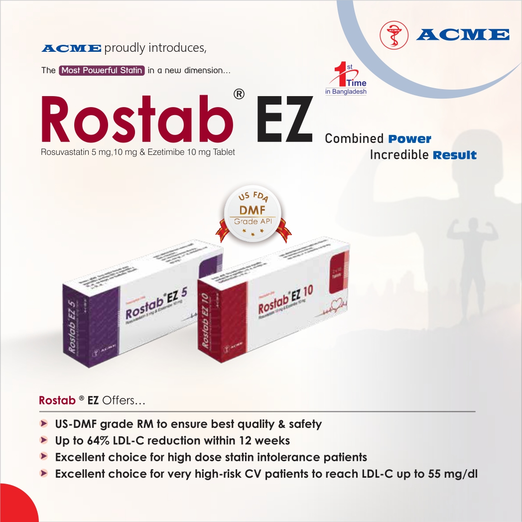 ACMELabLtd's tweet image. The ACME Laboratories Ltd. proudly introduces the Rostab EZ 5 &amp;amp; 10 Tablet (Rosuvastatin &amp;amp; Ezetimibe) for the first time in Bangladesh.

Rostab EZ Tablet is indicated for the treatment of Hyperlipidemia.

#ACME #ACME_LAB #ROSTAB_EZ #1st_Time_in_BD