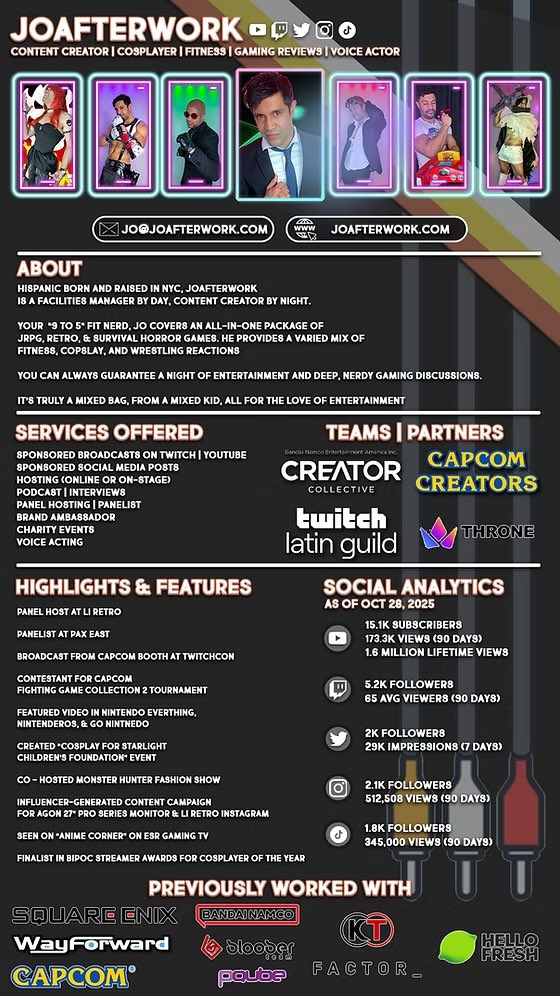 JoAfterWork's tweet image. Hey everyone! 

I’m Jo, a variety content creator covering JRPG’s, Survival Horror, and Retro games. 

Below is my media kit, and you can find all my socials and more at JoAfterWork.com

Looking forward to connecting with as many of you as I can!