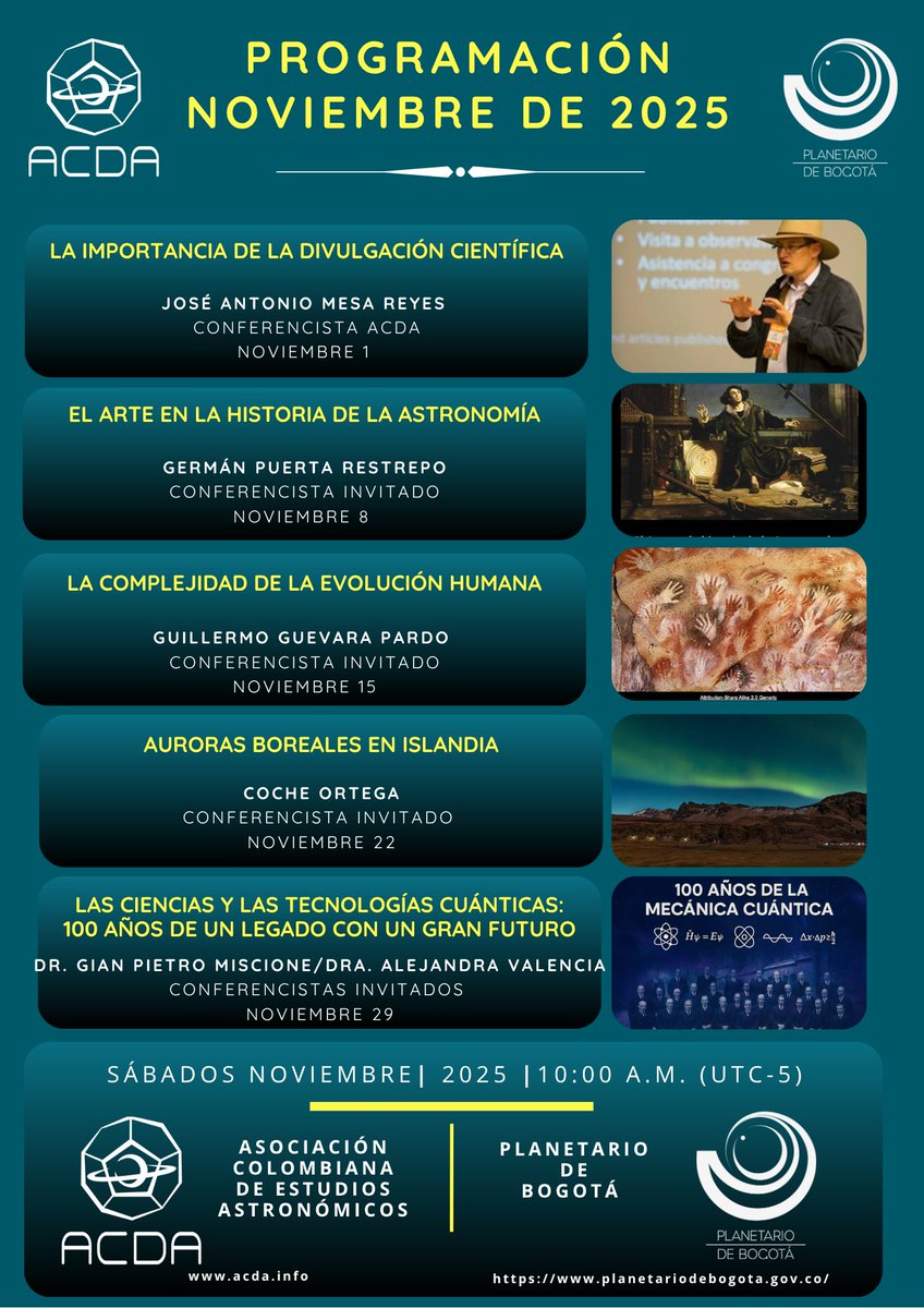 Presencial
PLANETARIO DE BOGOTA
AUDITORIO - ENTRADA LIBRE

Transmitido en directo
PLATAFORMAS VIRTUALES ACDA

YouTube
youtube.com/channel/UC-b4e…

Facebook live
facebook.com/ACDA-103185229…

Twitch
twitch.tv/acda_col/sched…...

facebook.com/share/p/1FeA22…
