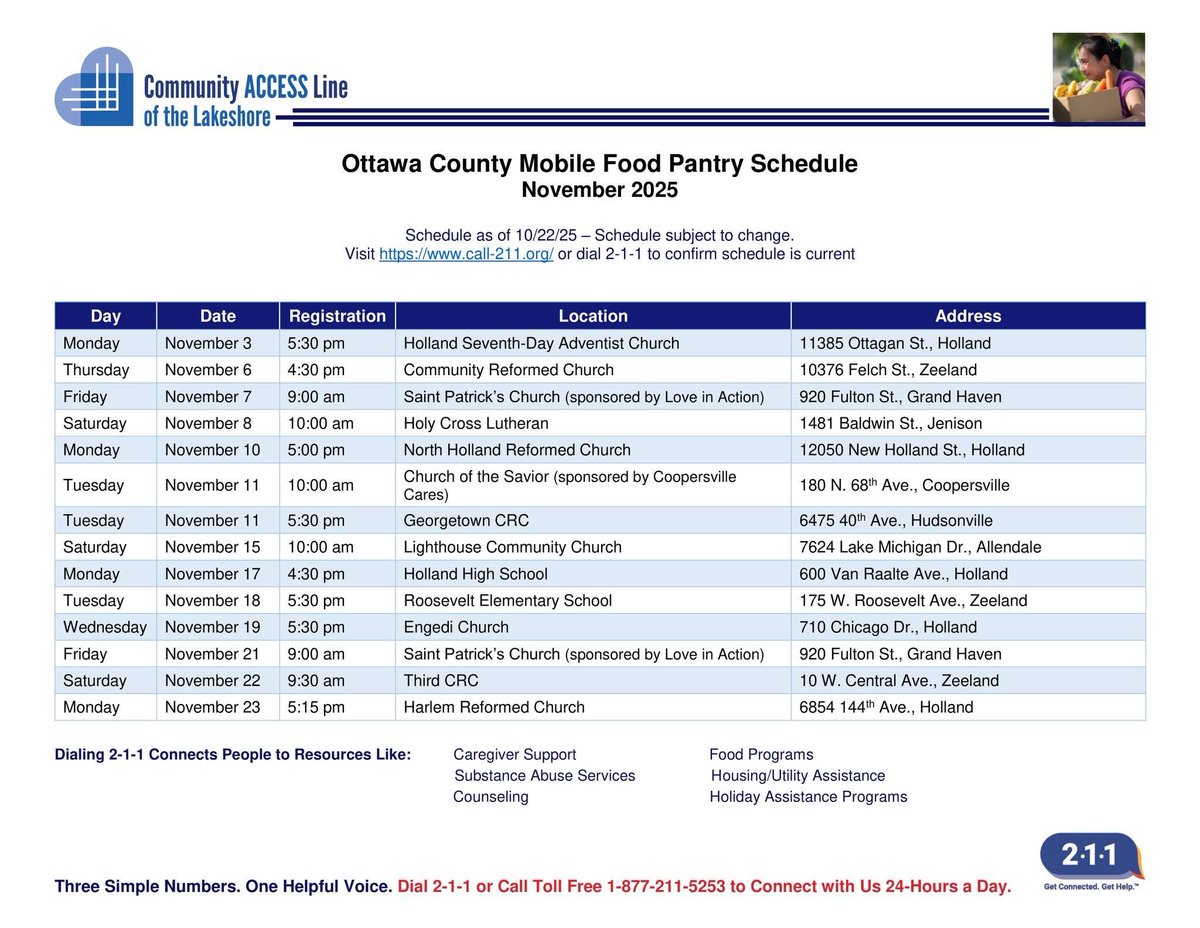 OttawaGOP's tweet photo. If you or someone you know needs food assistance in Ottawa County, here are the November Mobile Food Pantry dates, times, and locations. For additional help, visit Community Access Lineโs website at https://t.co/xTOsyVuNPP #mobilefoodpantry #Team211 https://t.co/Tt2yk5gCCz