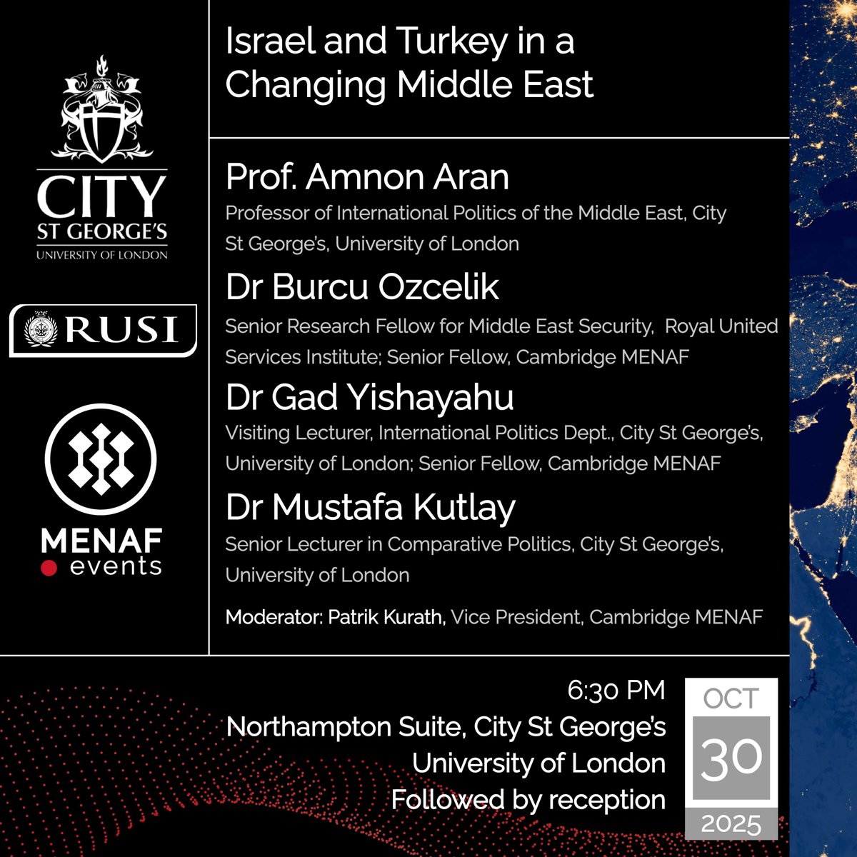 #MENAFevents
Join MENAF in London at our expert discussion event hosted in collaboration with City St George's and RUSI on #Israel and #Turkey in a Changing Middle East.