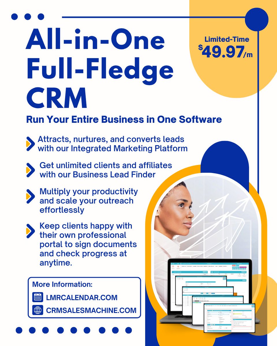 LMRINTL's tweet image. One platform. Endless possibilities.
Don’t miss the limited-time offer: $49.97/month
🎯 See it in action — book a demo at LMRCalendar.com

#CRMSalesMachine #CRM #BusinessGrowth #AllInOneCRM #LeadFinder #MarketingAutomation #ClientManagement  #SmallBusinessCRM