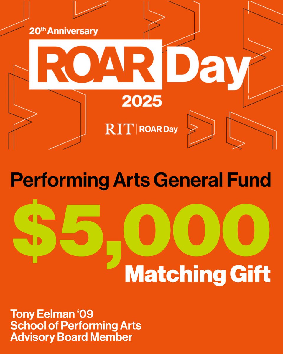 A huge thank you to School of Performing Arts Advisory Board member, Tony Eelman '09, for his incredible support this ROAR Day! Tony will generously match all gifts (up to $500/gift) made to the Performing Arts General Fund.

bit.ly/3Wq9IhV
