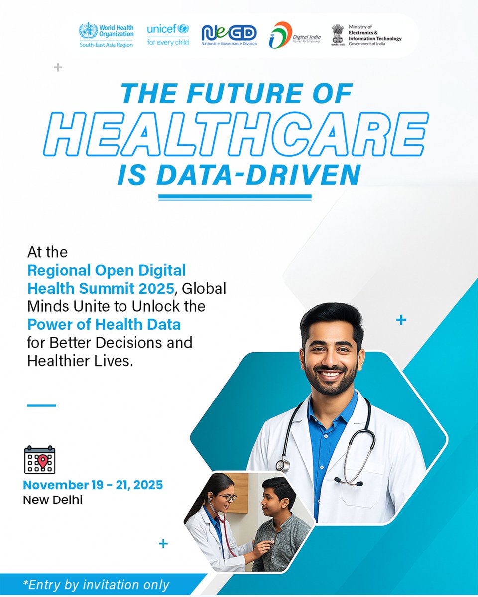 _DigitalIndia's tweet photo. The future of healthcare is data-driven.
At the WHO Summit 2025, global experts will come together to harness the power of health data, enabling smarter decisions and healthier lives for all.

📅 November 19–21, 2025
📍 New Delhi

#WHOSummit2025 #HealthData #DigitalHealth #GlobalHealth #Innovation #Digitalindia