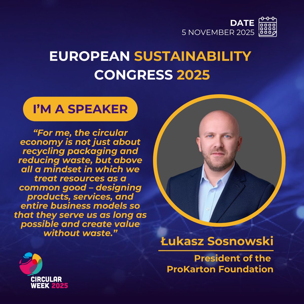 ProKarton's tweet image. 5 listopada @lmsosnowski z @ProKarton będzie panelistą na EUROPEAN SUSTAINABILITY CONGRESS podczas #CircularWeek2025. Będziemy dzielić się doświadczeniami z ekspertami zajmującymi się #GOZ z całej Europy. Cel: przyspieszenie transformacji ku gospodarce obiegu zamkniętego 🌍