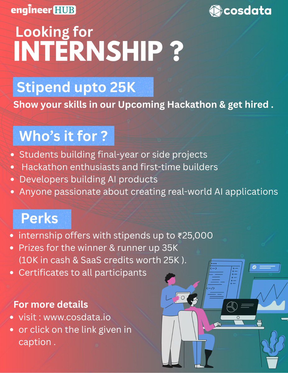 KunikaKishore's tweet image. We’re excited to announce the Cosdata Hackathon 2025, organized in collaboration with engineerHUB -a space for developers, students, and AI enthusiasts to build, learn, and innovate together.
Participate Now : engineerhub.in/career/events/…