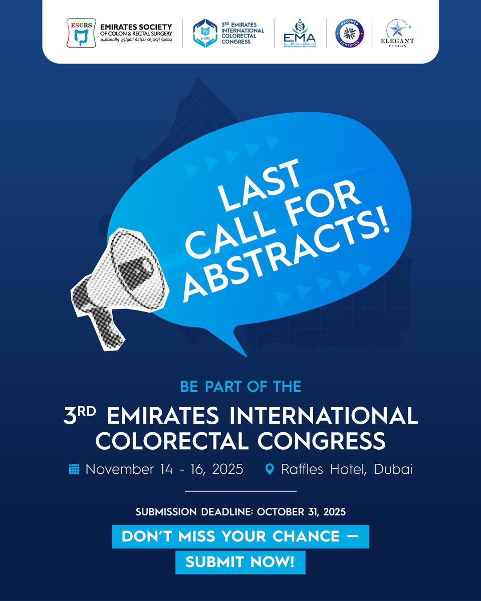 escrs_uae's tweet image. Your research deserves the spotlight!

Submit your abstract by October 31 and join leading colorectal experts from the GCC and beyond.

🔗 escrs.ae/abstract-submi…

#AbstractSubmission #CallForAbstract #3rdEICRC #ESCRS #EmiratesSocietyOfColonAndRectalSurgery #EMA #UAE