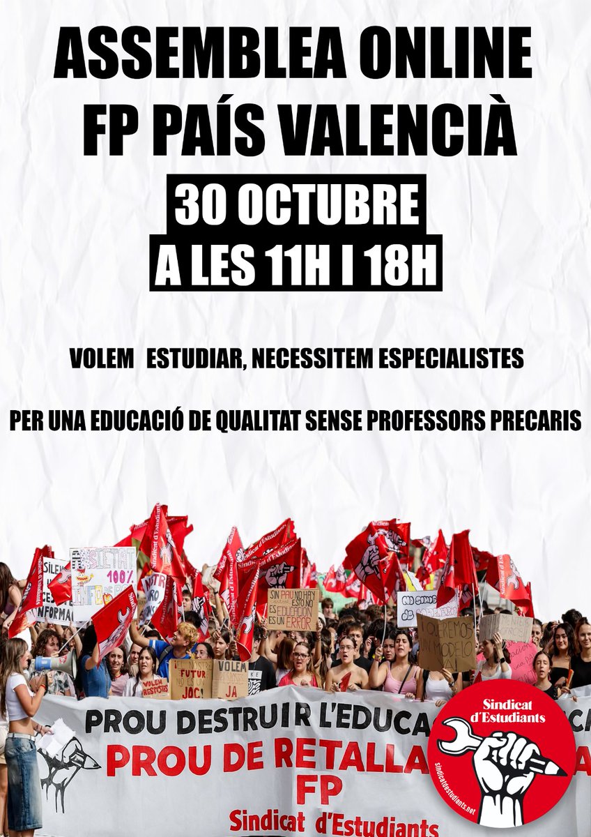 🚨La FP valenciana es troba en una situació crítica, conselleria segueix amb els seus atacs a l'educació pública i especialment a la FP.

Escriu-nos per a participar en les assemblees demà!👇📩
