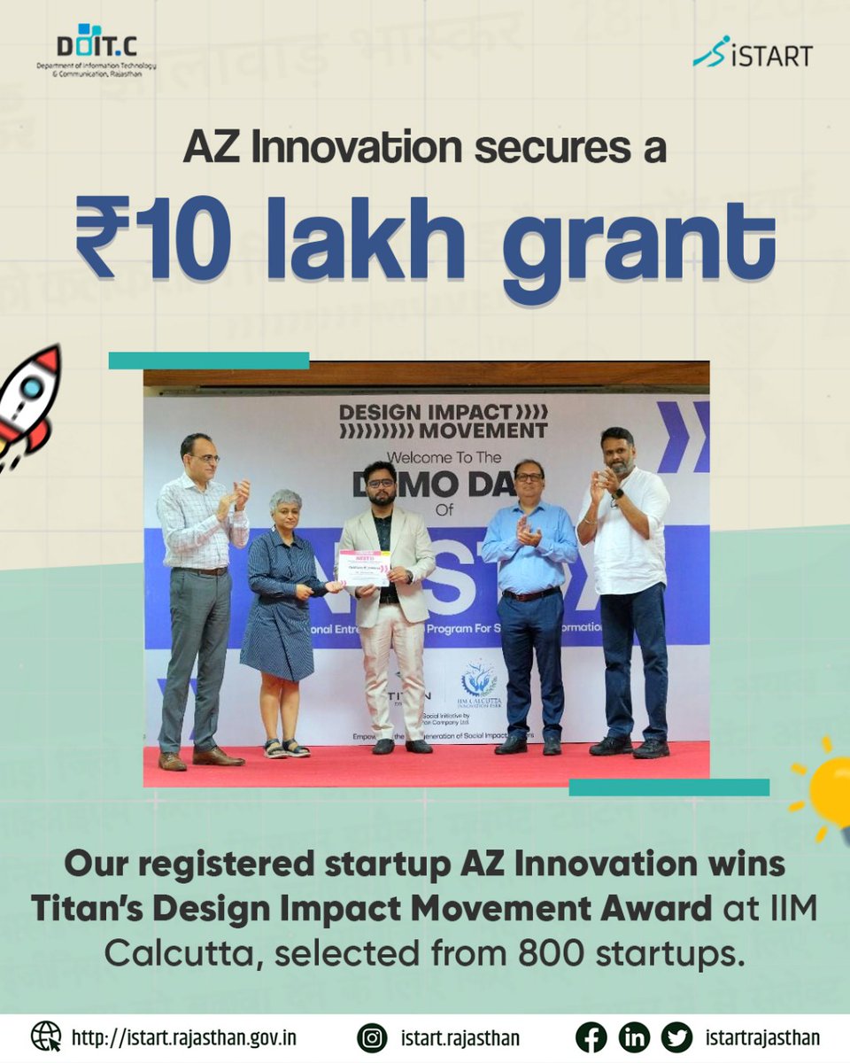 Our iStart Startup Just Brought Home a National Impact Win!

Our iStart startup AZ Innovation by Ayaz Sheikh (Jhalawar) beat 800 contenders to win Titan’s Design Impact Movement at IIM Calcutta, earning a ₹10 lakh grant for women-focused solutions.

AZ Innovation did it with