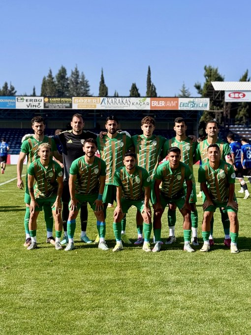 First image shows soccer player in blue jersey dribbling white ball on green field towards goal guarded by green-uniformed defender, with scoreboard indicating 3-1 score for MYS. Second image displays group of Malatya Yeşilyurtspor players in green jerseys posing together on field with stadium background and trees. Third image features referees in yellow jerseys and coaches in green standing with soccer ball on grass near sideline. Fourth image depicts team staff including coaches in green jackets lined up on field under clear sky with stadium seating.