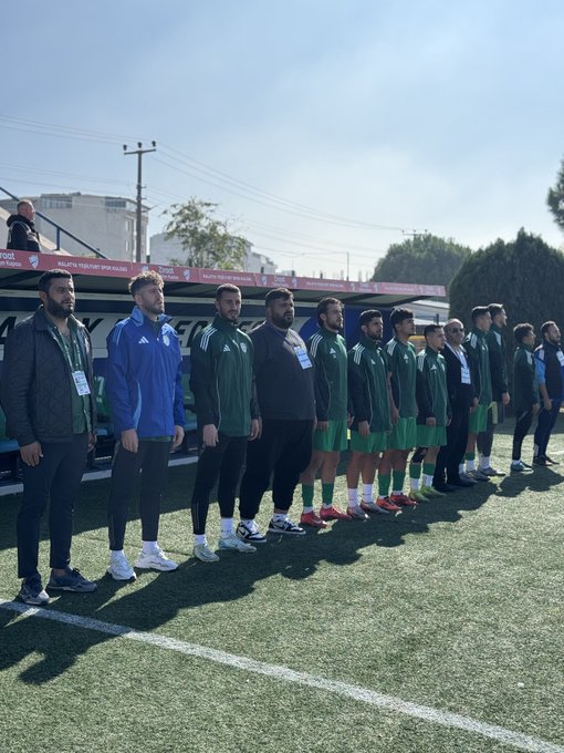 First image shows soccer player in blue jersey dribbling white ball on green field towards goal guarded by green-uniformed defender, with scoreboard indicating 3-1 score for MYS. Second image displays group of Malatya Yeşilyurtspor players in green jerseys posing together on field with stadium background and trees. Third image features referees in yellow jerseys and coaches in green standing with soccer ball on grass near sideline. Fourth image depicts team staff including coaches in green jackets lined up on field under clear sky with stadium seating.