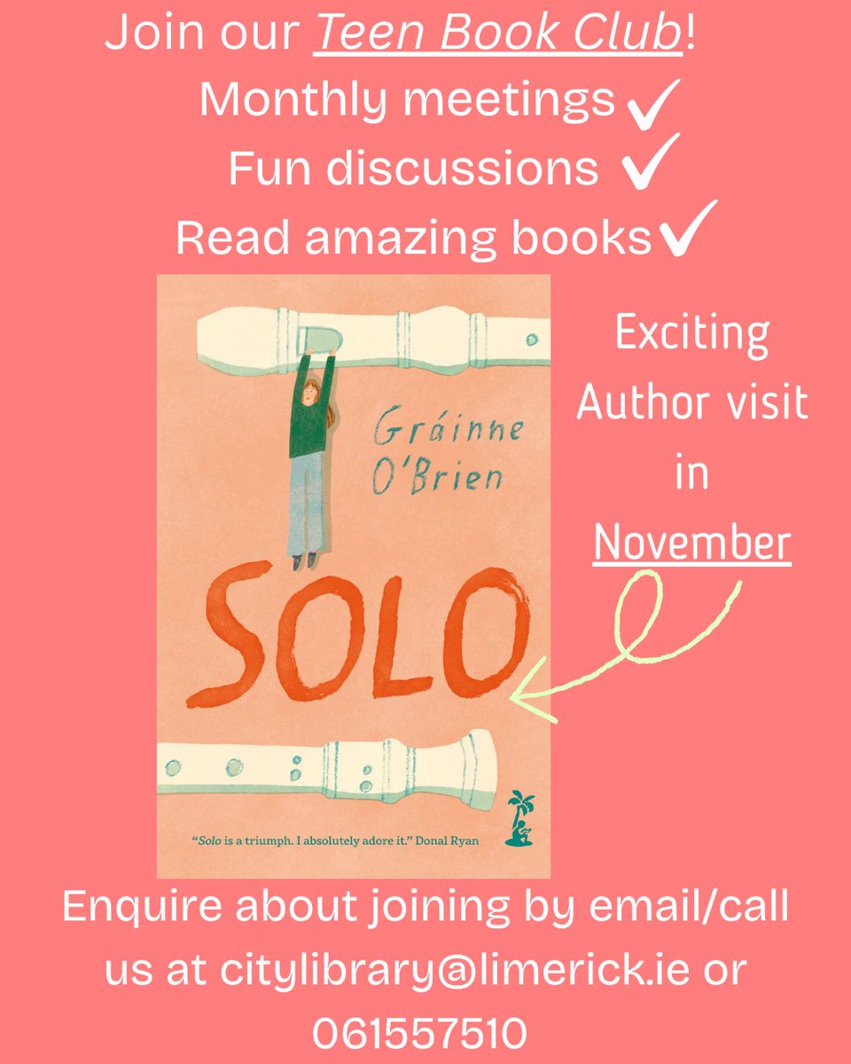 limklibraries's tweet image. 🤩 We are thrilled to announce that Gráinne O&apos;Brien will be joining #CityLibrary&apos;s Teen Book Club for their November meeting to chat about all things books, and her new YA novel &apos;Solo&apos; 📚

For more info about joining the book club 👇

#LimerickLibraries #GrainneOBrien #bookclub
